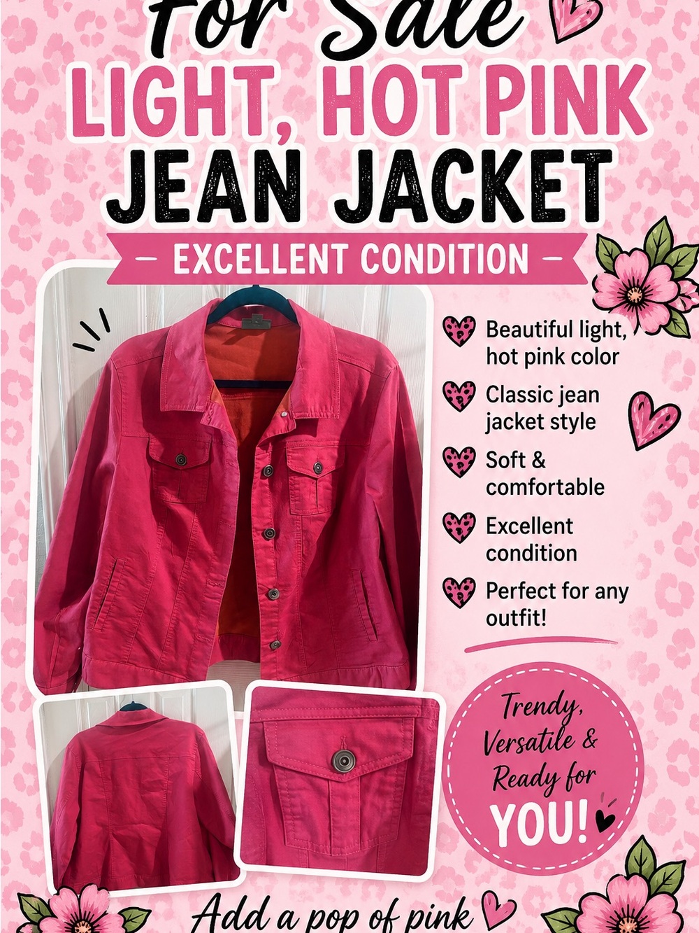 Light Weight °ʚ🎀ɞ° Hot Pink Women’s Jean Jacket!